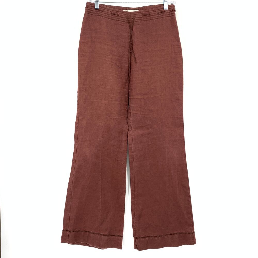 MNG Mango Wide Leg Ramie Pants Womens Size 6 Dark Rust Red Tie Waist